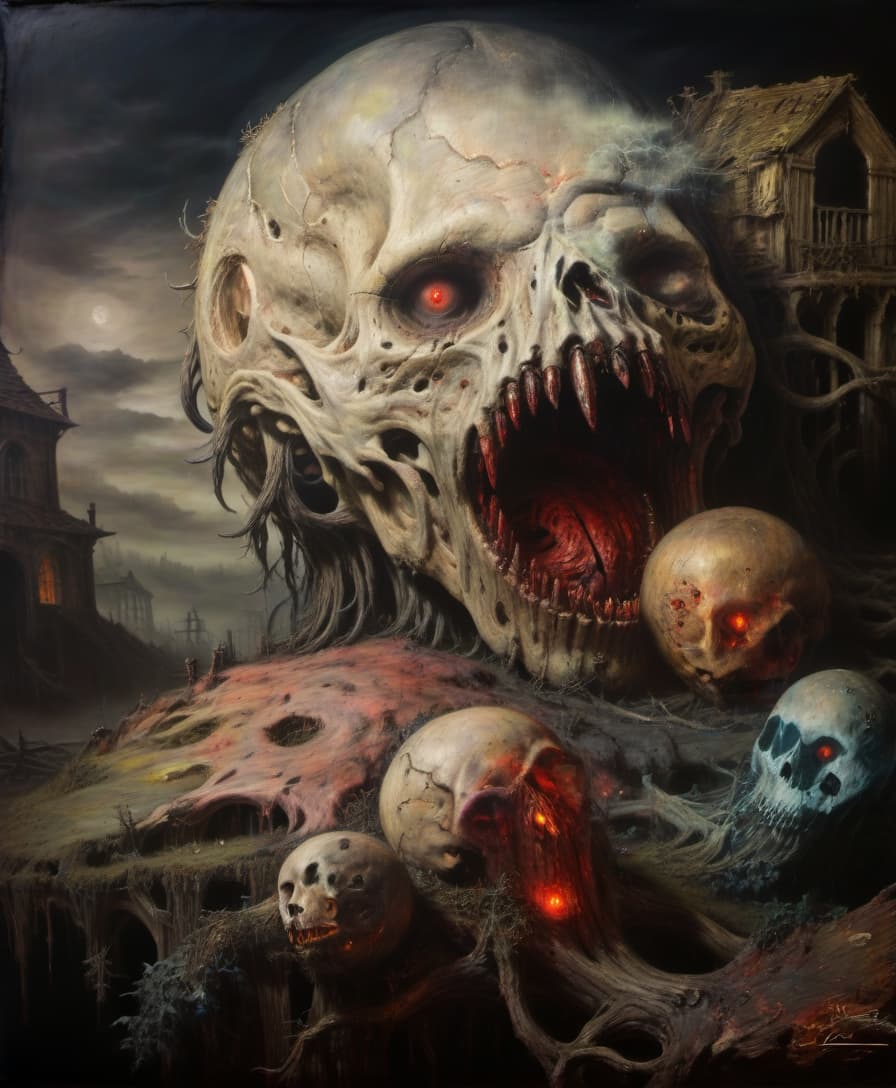  macabre style a hideous monster in the setting of a gloomy abandoned 17th century building, a mystically mysterious landscape, ugly driftwood trees, flickering lights.painterly, acrylic paints, lovecraft style. . dark, gothic, grim, haunting, highly detailed, civitai