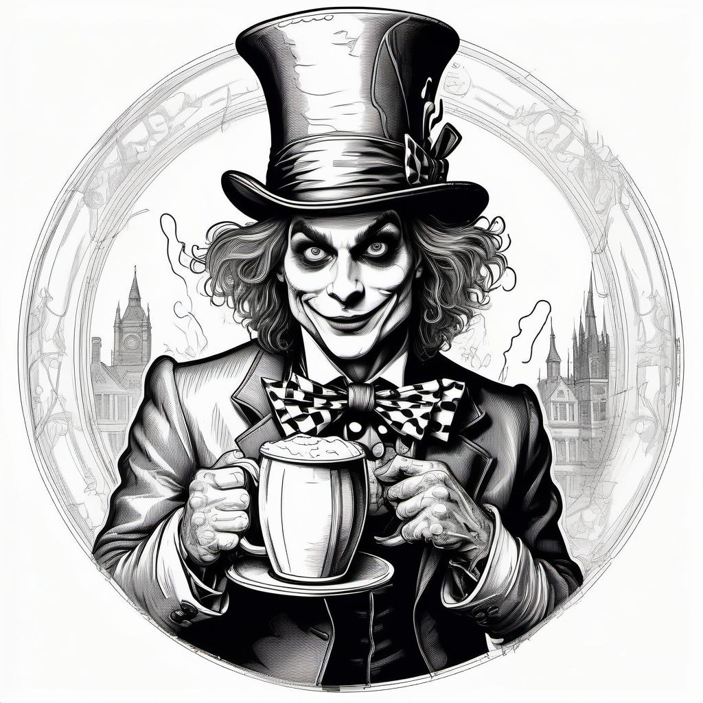  line art drawing black and white sketch in a round frame on a white background, horror hatter with a large mug of beer in his right hand, engraving, horror . professional, sleek, modern, minimalist, graphic, line art, vector graphics