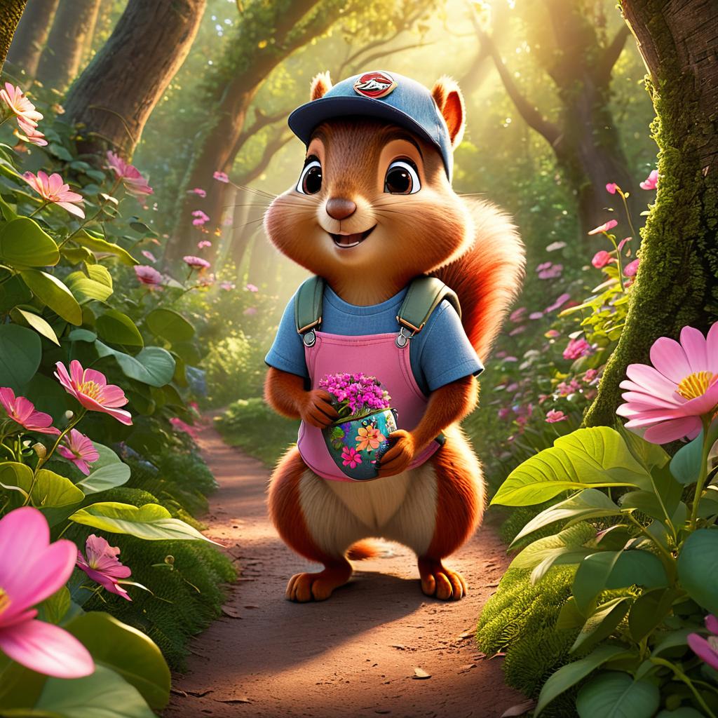  in 3d animated movie style. disney pixar style. in high resolution pixar 3d animated film style. rumessa, old in a colorful t shirt, denim shorts, pink sneakers. nutmeg, old squirrel, , carries acorn hat. colorful, whimsical forest with vint greens, colorful flowers, warm sunlight filtering through leaves. dynamic low angle shot follows rumessa and nutmeg down winding path, capturing magical atmosphere.