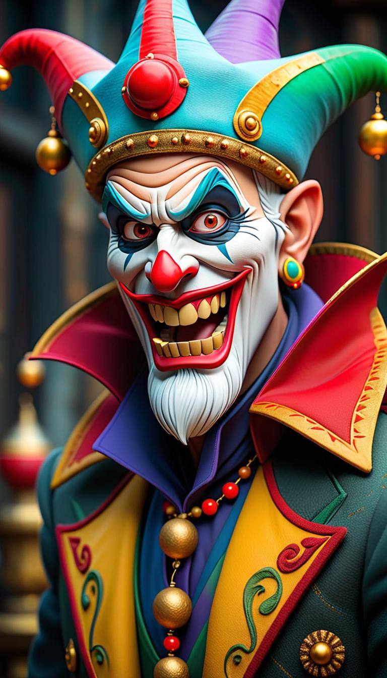  professional 3d model of a sinister jester in a dark carnival. dark, mysterious, scary, haunting, dramatic, ornate, detailed. . rendered with octane, the model is highly detailed,dramatic lighting. hyperrealistic, full body, detailed clothing, highly detailed, cinematic lighting, stunningly beautiful, intricate, sharp focus, f/1. 8, 85mm, (centered image composition), (professionally color graded), ((bright soft diffused light)), volumetric fog, trending on instagram, trending on tumblr, HDR 4K, 8K