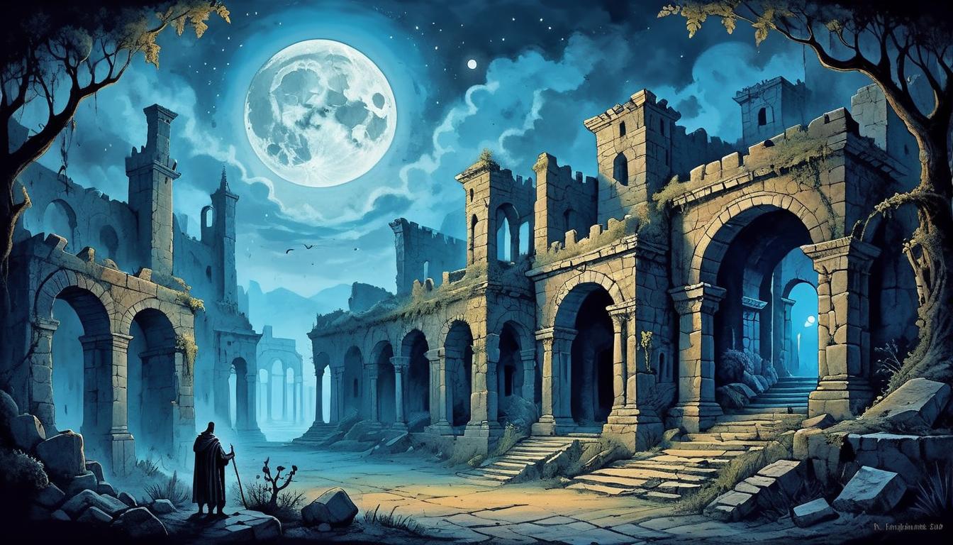  on parchment, surrealism+++, ancient ruins under a crescent moon, crumbling stone structures, vines creeping up walls, eerie blue light, mysterious aura(mysterious, provocative, symbolic,muted color)+++