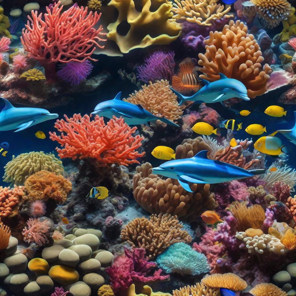  masterpiece, best quality, Most Beautiful in deep sea teeming with vibrant corals, diverse marine life, and enchanting underwater landscapes, full of corals, acrophore, small fishes, anemones, dolphin, various algaes, caves, colorful,all captured in stunning 8k resolution with intricate details.