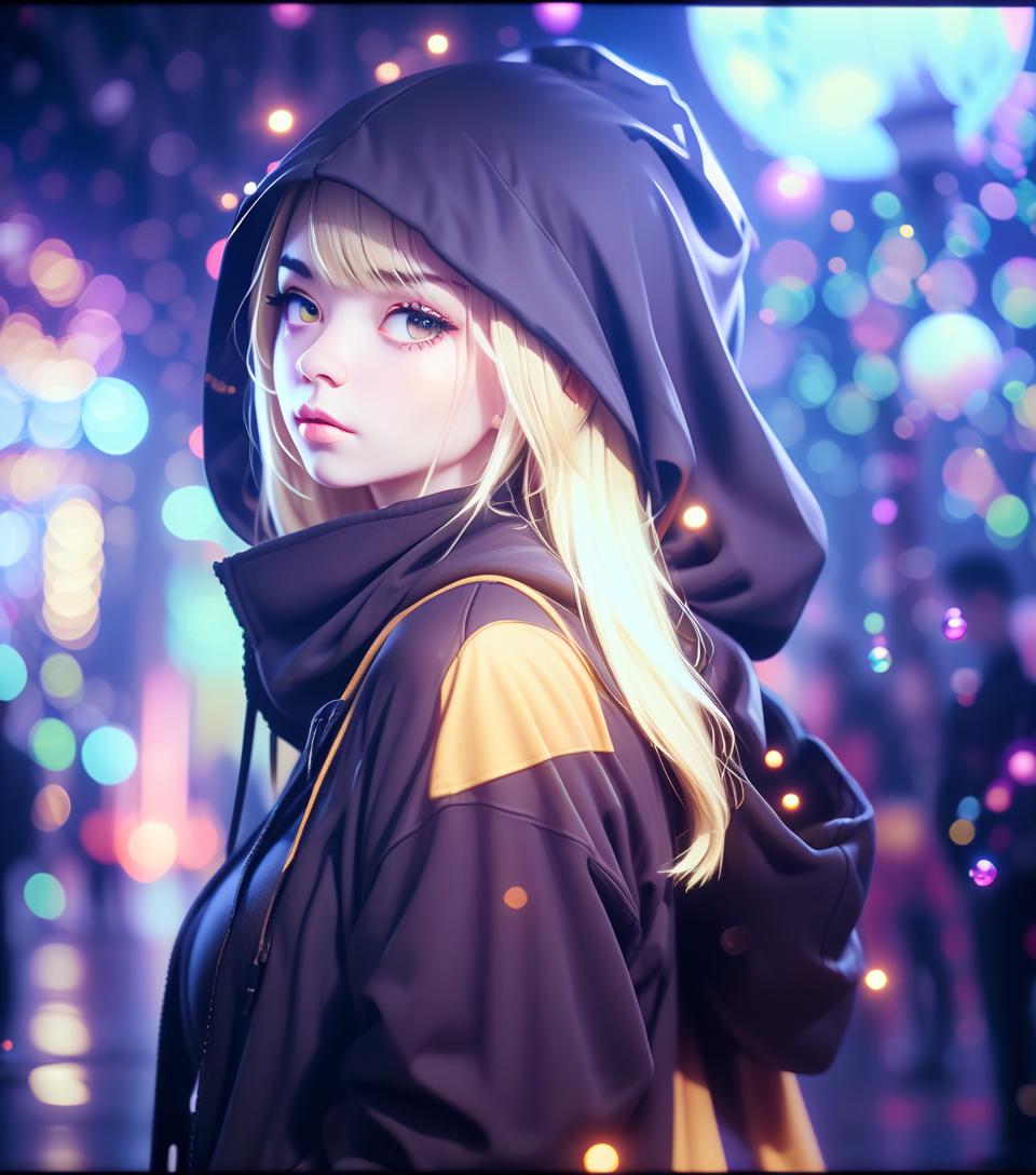  cinematic photo the girl is blonde, in a black top and hood, against the background of magic balls. . 35mm photograph, film, bokeh, professional, 4k, highly detailed, perfecteyes, hkmagic, glowneon