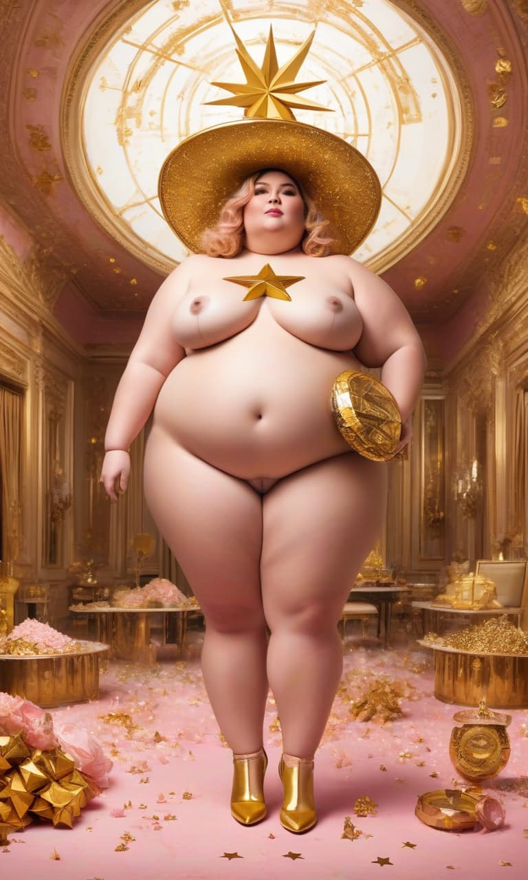  concept art color pink, white, black, gold posh room fat woman in a gold suit made of rations, on the head hat in the shape of a star . digital artwork, illustrative, painterly, matte painting, highly detailed, perfect hands