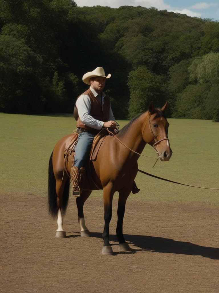  a man wearing a cowboy hat, kneeling down next to a brown and white horse. he is holding the horse's reins, possibly preparing to ride or train the horse. the man is positioned in the center of the image, with the horse occupying the lower half of the frame. in the background, there are a few other people and objects, including a chair and a backpack. the chair is located on the left side of the image, while the backpack is situated near the center. the scene appears to be set in a ranch or a similar outdoor environment.