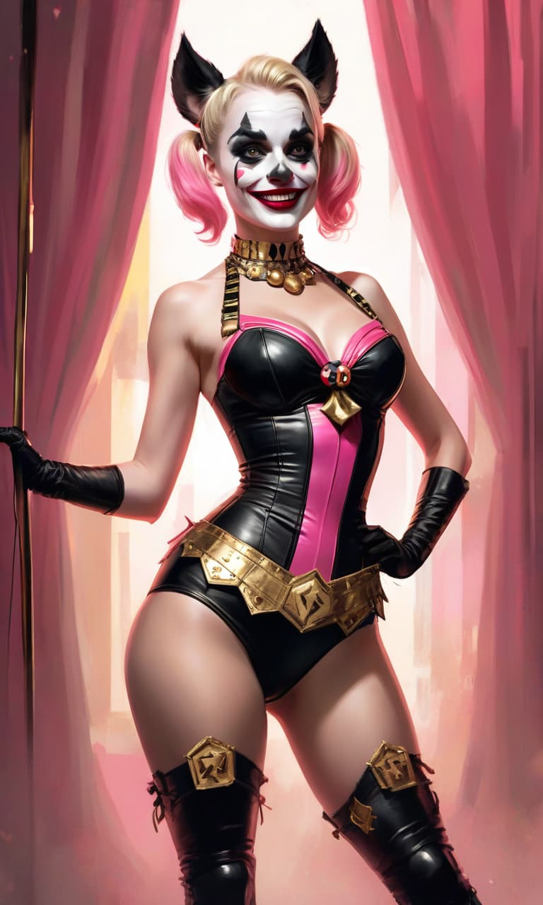  concept art pink, gold, black, white circus margot robbins to the waist in the form of harley quinn costume two hyena . digital artwork, illustrative, painterly, matte painting, highly detailed, perfect hands