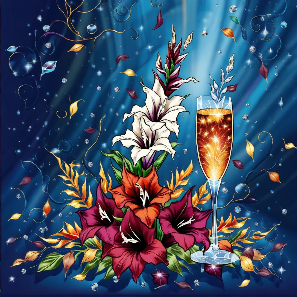  dreamscape (crystal tall glass):champagne with ice cubes and chocolate.(birthday card) card design: blue blue background with (((decorated with fine fractal glitter, bright leaves, ink sketch lines on a blue background, outlines, falling autumn leaves, silver swirls, autumn leaves, ((profile of a woman's face, in the style of autumn art fantasy 1,3)) . (in the centre of the card a bouquet with white gladioluses with the inscription (("for you")).((bouquet of burgundy gladioluses surrounded by multicoloured foliage 1,2)) (colour of the bouquet): burgundy red with orange border. (foliage colour) :golden, silvery white, burgundy, green, golden green, (style):fantasy, design art, greeting cards. (style):fantasy, advertising, art design. . sur