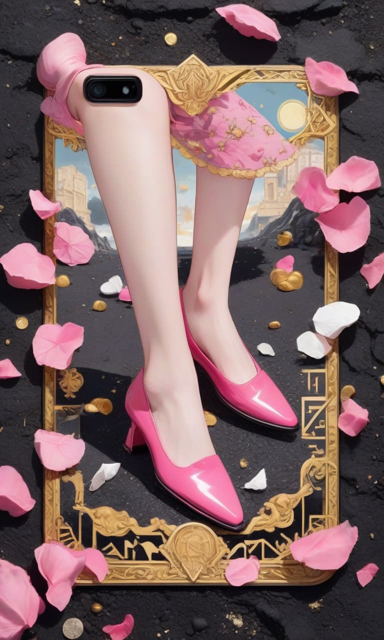  concept art tarot color pink, white, black, gold on the asphalt is a samsung s24 ultra phone, it comes with shoes . digital artwork, illustrative, painterly, matte painting, highly detailed, perfect hands