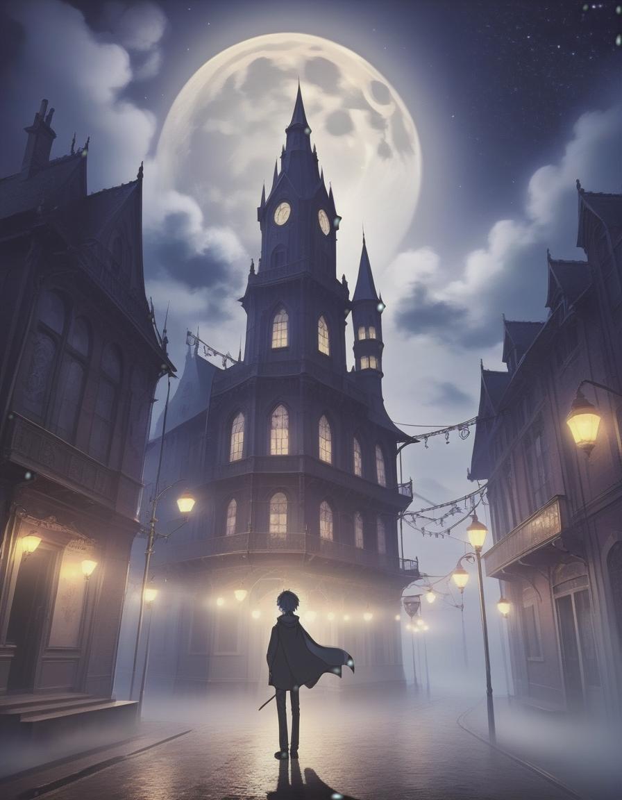  anime artwork a lonely building made in the gothic style of large size. around him fly mysterious lights in the light of the moon. the building is surrounded by fog on the street stand lanterns in the gothic style emitting dim light. from the windows of the building you can see the invisible stars. an atmosphere of uncertainty and mystery with elements of fiction. this building is shrouded in secret, which no one is given to understand, it is said that it reflects the very human soul. . anime style, key visual, vibrant, studio anime, highly detailed