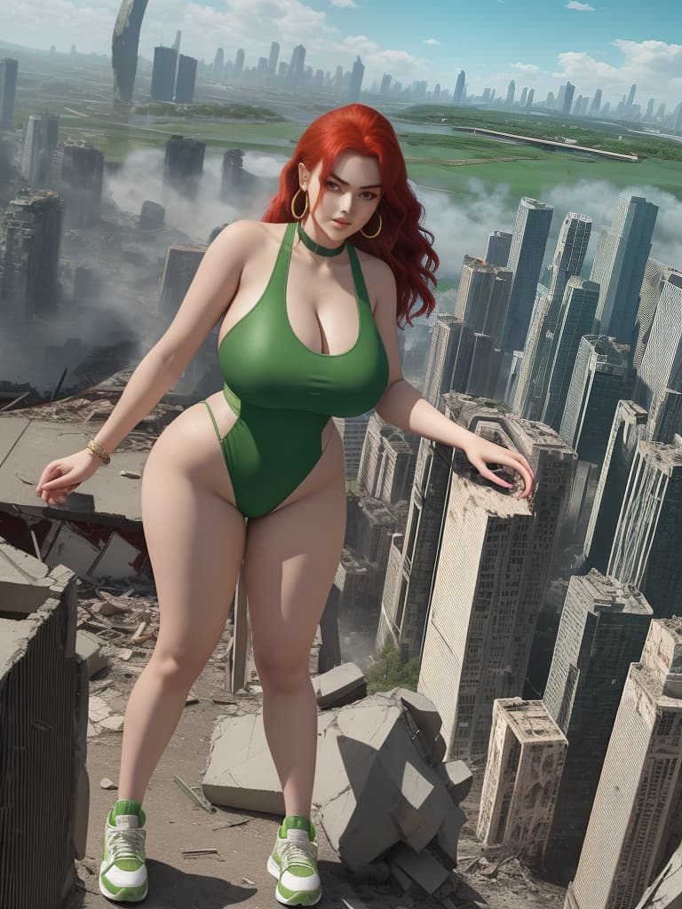  masterpiece, best quality, a giantess with arched eyebrows and a smirk, wearing a green solid color one piece with high cut legs and side , stands among the destruction of a city. her huge s and wide hips contrast with her sneakers, hoop earrings, and long red hair. the cracks on the ground emphasize her mive size as she looks down with her golden eyes at the crushed buildings below. the aerial view captures the full body of the in 8k resolution, creating a best quality masterpiece of destruction and power. (photography, dramatic lighting, high resolution camera settings)