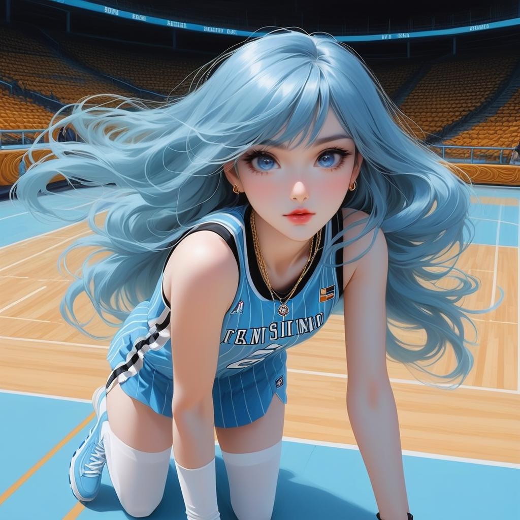  anime art very beautiful, ghost , skin woman, icy blue eyes, upturned eyes, long hair, pale blue hair, bottom heavy lips, s shaped eyebrows, greek nose, oblong shaped face, has various necklaces, , lean figure, long legs, ghost, black and gold basket ball jersey, basketball court., award winning, professional, highly detailed, masterpiece