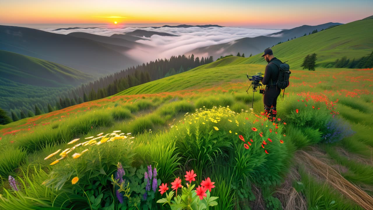  a serene landscape with a photographer operating a drone above a lush green valley at sunset, capturing aerial shots of vibrant wildflowers and rolling hills, while a backpack and camera gear rest nearby. hyperrealistic, full body, detailed clothing, highly detailed, cinematic lighting, stunningly beautiful, intricate, sharp focus, f/1. 8, 85mm, (centered image composition), (professionally color graded), ((bright soft diffused light)), volumetric fog, trending on instagram, trending on tumblr, HDR 4K, 8K