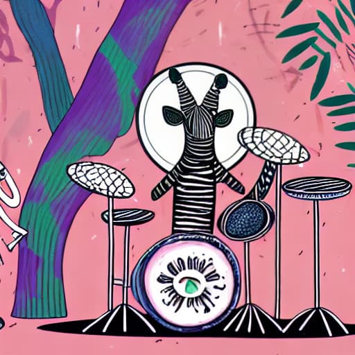  A whimsical illustration of a zebra playing the drums in a concert at Central Park in New York