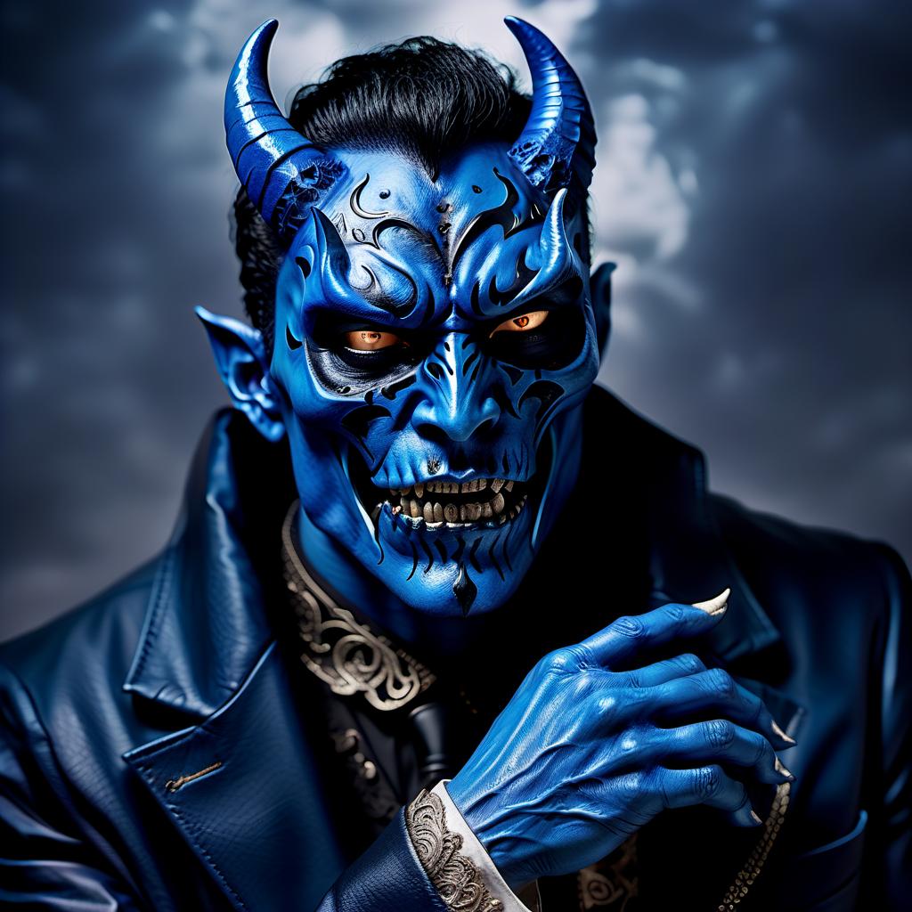  macabre style blue demon with broken horns in jacket with giant right hand . dark, gothic, grim, haunting, highly detailed, perfecteyes, perfect hands