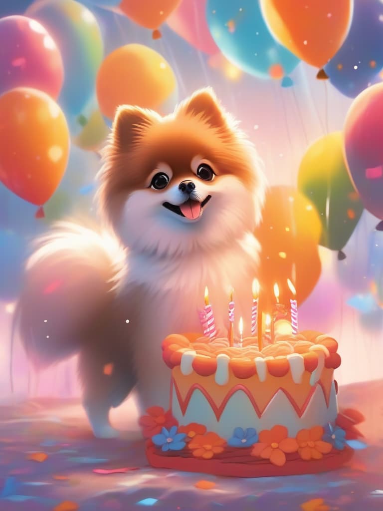  animation style,one animal,orange,cute pomeranian,happy birthday,cake🎂,balloons,masterpiece,high quality,8k