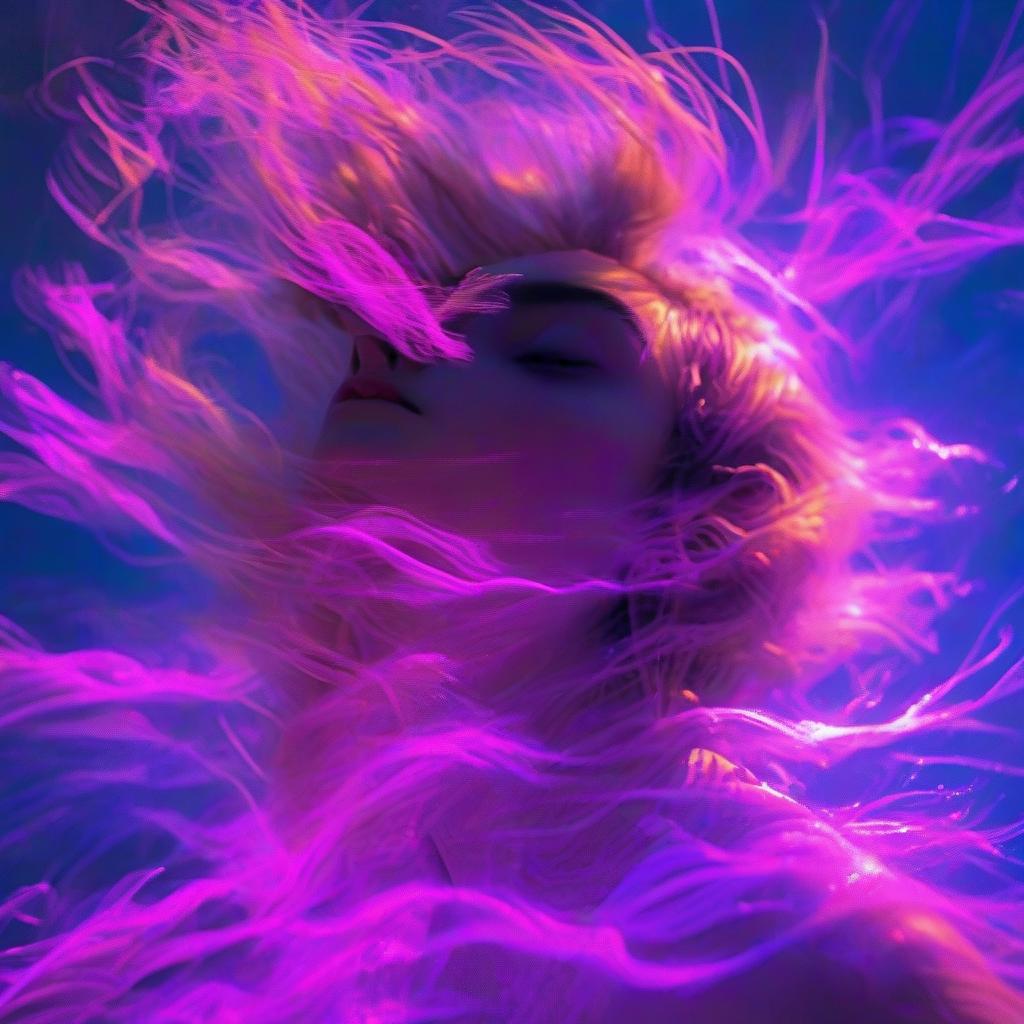  a woman with her hair blowing in the wind, frequency indie album cover, dark moody purple lighting, lo fi, petra collins, photo [ far ], by kathleen allen, atmospheric eerie lighting, a lonely woman, disappear, glowneon