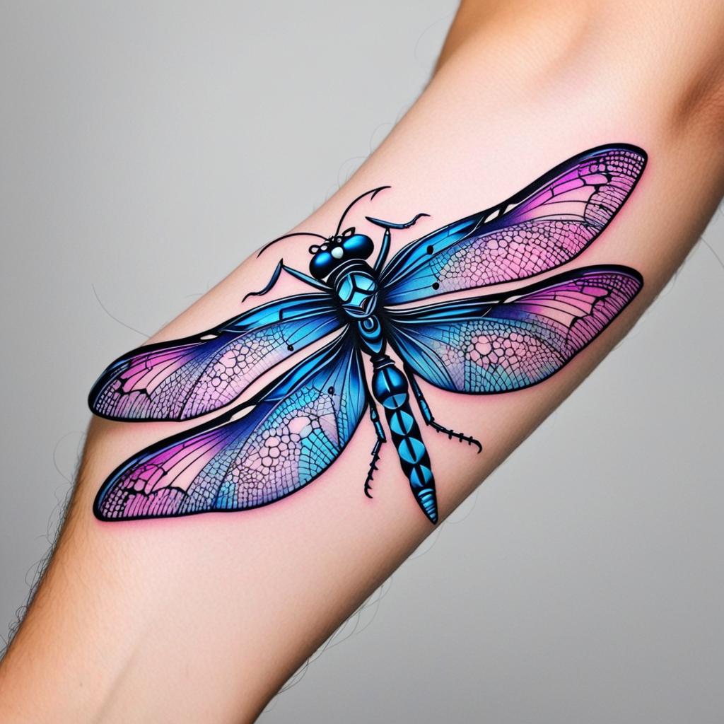  a cybernetic dragonfly with two crescent moons. use the colors blue, purple, and pink., (tattoo), (sleeve tattoo design on the arm)