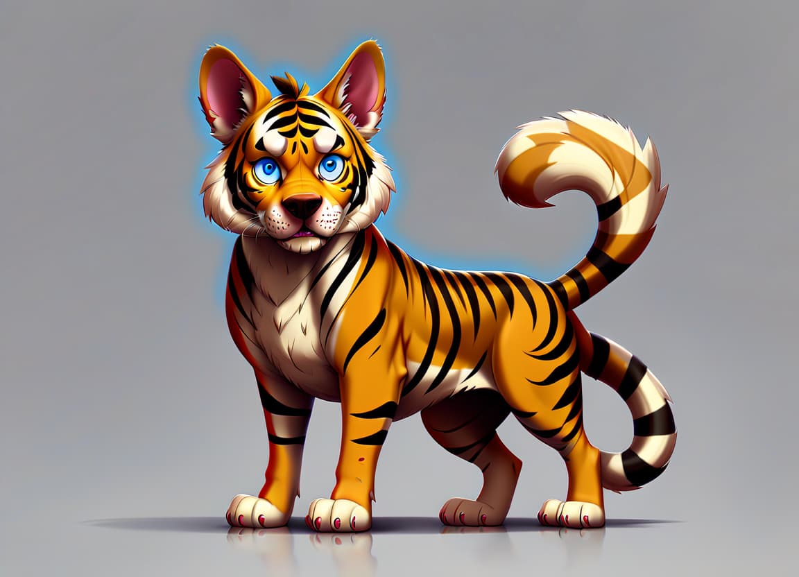  anime artwork animal, hybrid, dog, smooth hair, tiger color, tiger dog, blue eyes, shepherd, serious look, full height, gray background, concept art . anime style, key visual, vibrant, studio anime, highly detailed, sticker