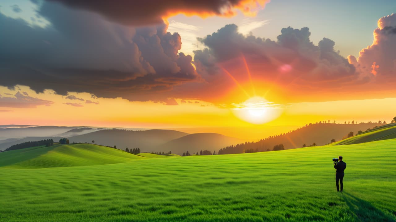  a serene landscape showcasing a vibrant sunset over a lush green valley, with a sleek drone hovering above, capturing the scene. a photographer stands nearby, adjusting the camera settings on a smartphone. hyperrealistic, full body, detailed clothing, highly detailed, cinematic lighting, stunningly beautiful, intricate, sharp focus, f/1. 8, 85mm, (centered image composition), (professionally color graded), ((bright soft diffused light)), volumetric fog, trending on instagram, trending on tumblr, HDR 4K, 8K