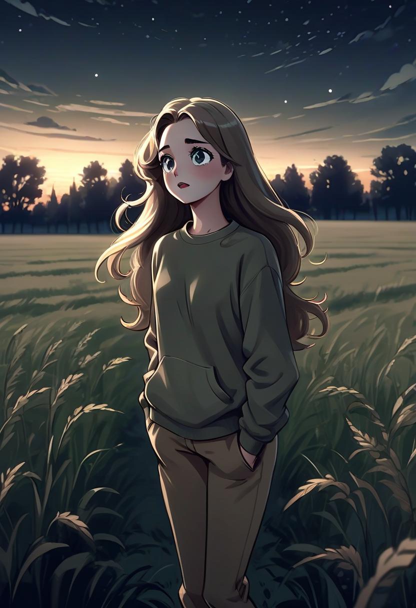  film noir style a girl in anime style with long hair stands in the middle of a field at dawn dressed in a khaki colored sweatshirt and pants. the girl looks at the sky, her eyes are full of joy from the unknown and curiosity. her face is a little happy. she pulls her hand up towards the night sky. her knee high growth . monochrome, high contrast, dramatic shadows, 1940s style, mysterious, cinematic