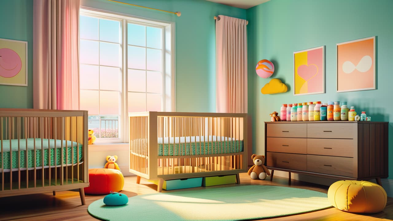  a serene baby nursery, featuring a soft pastel colored room, a cozy crib, and a shelf lined with various baby formula cans, surrounded by plush toys and a warm, inviting light filtering through a window. hyperrealistic, full body, detailed clothing, highly detailed, cinematic lighting, stunningly beautiful, intricate, sharp focus, f/1. 8, 85mm, (centered image composition), (professionally color graded), ((bright soft diffused light)), volumetric fog, trending on instagram, trending on tumblr, HDR 4K, 8K