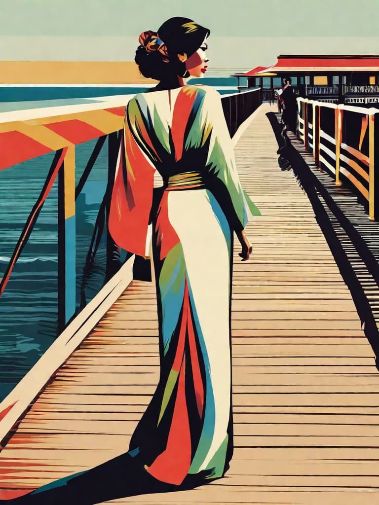  Minimalism, award winning Fine art photography, ultra realistic vogue model, on the boardwalk, minimalist, pop art, vogue, elaborate hair style, colourful makeup, oriental style design, wearing short style, untied open kimono, hanging over and exposing her shoulder blades minimalist vector graphic design, vector art, digital art, concept art, professional design, artistic, abstract, ultra minimalism, masterpiece