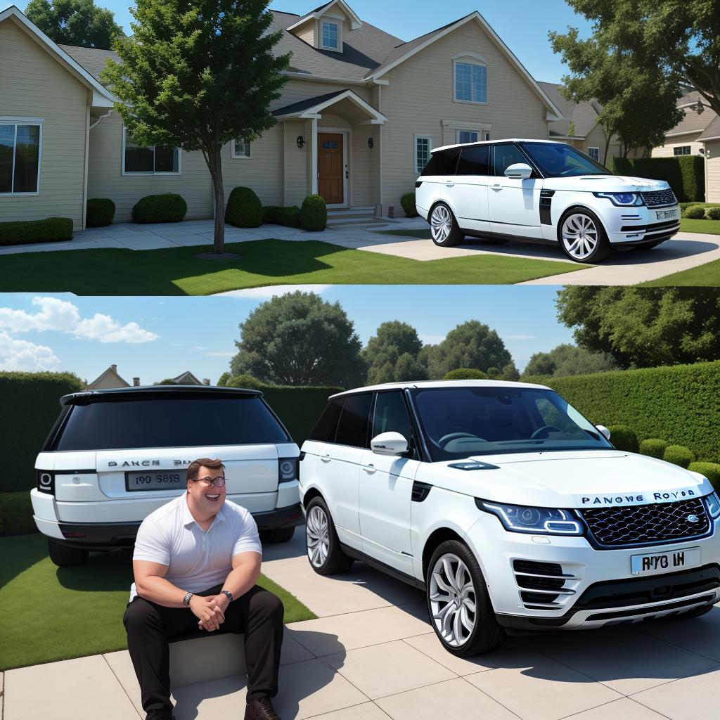  Peter Griffin is sitting on the couch in the backyard of his house, holding his iPhone and laughing loudly. In the background, his white Range Rover can be seen.
