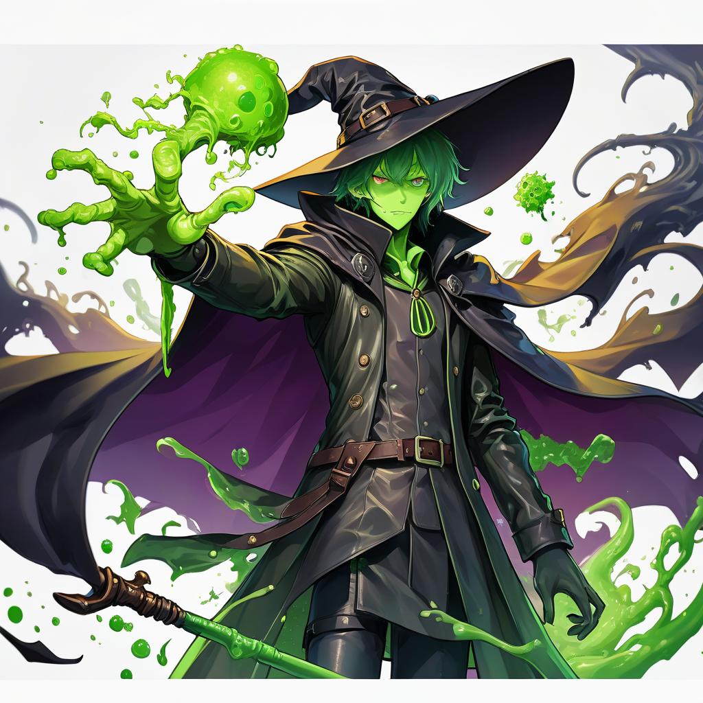  anime artwork dnd, man, green slime man, leather cloak, leather coat, witch hat, staff . anime style, key visual, vibrant, studio anime, highly detailed, hkmagic