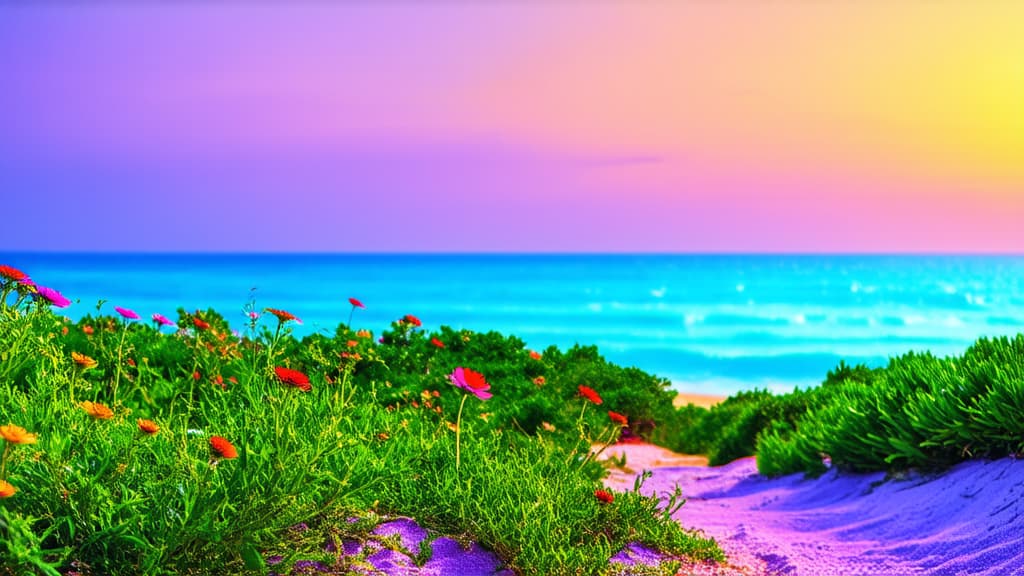  beautiful beach with purple sand and flowers, sunset sky, turquoise sea in the background, sunset, nature photography, high resolution, very detailed, high definition, high quality, high sharpness, high detail, hyper realistic, hyperdetailed, in the style of hyperrealistic, super detailed, super bright, fantastic colors, beautiful, colorful, greenery, purple, blue water, pink flower on white sandy beach, purple flower meadow, purple dunes, purple sand on beach, purple sky, purple clouds, in the style of purple sky, purple light. ar 16:9 {prompt}, maximum details