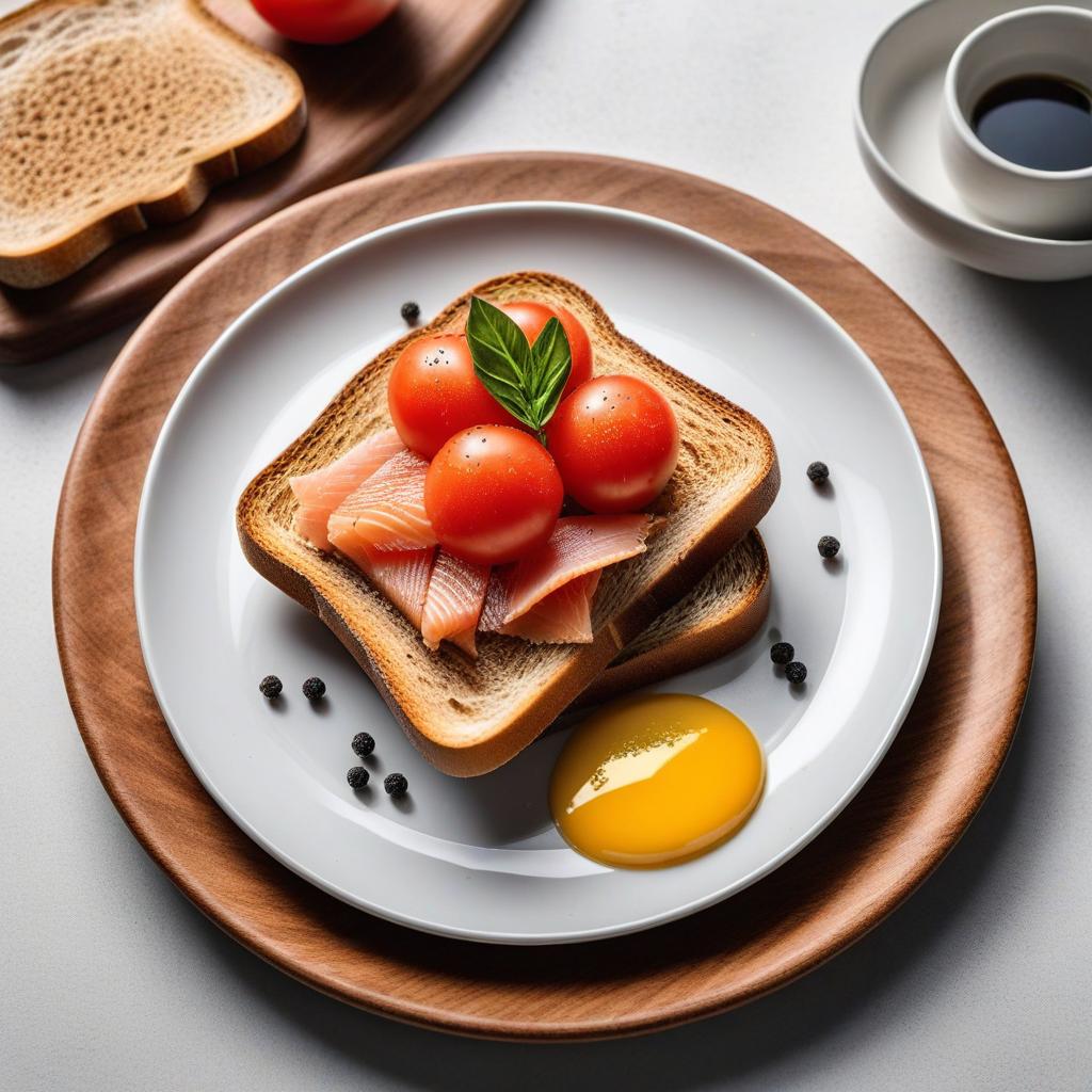  realistic close up portrait meal photo of (((Toast with tomato and smoked fish))), with (smoked fish filet, Pink sliced, Whole wheat bread, Black pepper), ((served in a white plate)), ((with white background)), (((Healthy Eating Plate))), (((Harvard Eating Plate))), ((food photography)), with macro lens, shallow depth of field, highly detailed, natural lighting, natural colors, photorealism, Canon EOS R3, nikon, f/1.4, ISO 200, 1/160s, 8K, RAW, unedited, in-frame hyperrealistic, full body, detailed clothing, highly detailed, cinematic lighting, stunningly beautiful, intricate, sharp focus, f/1. 8, 85mm, (centered image composition), (professionally color graded), ((bright soft diffused light)), volumetric fog, trending on instagram, trending on tumblr, HDR 4K, 8K