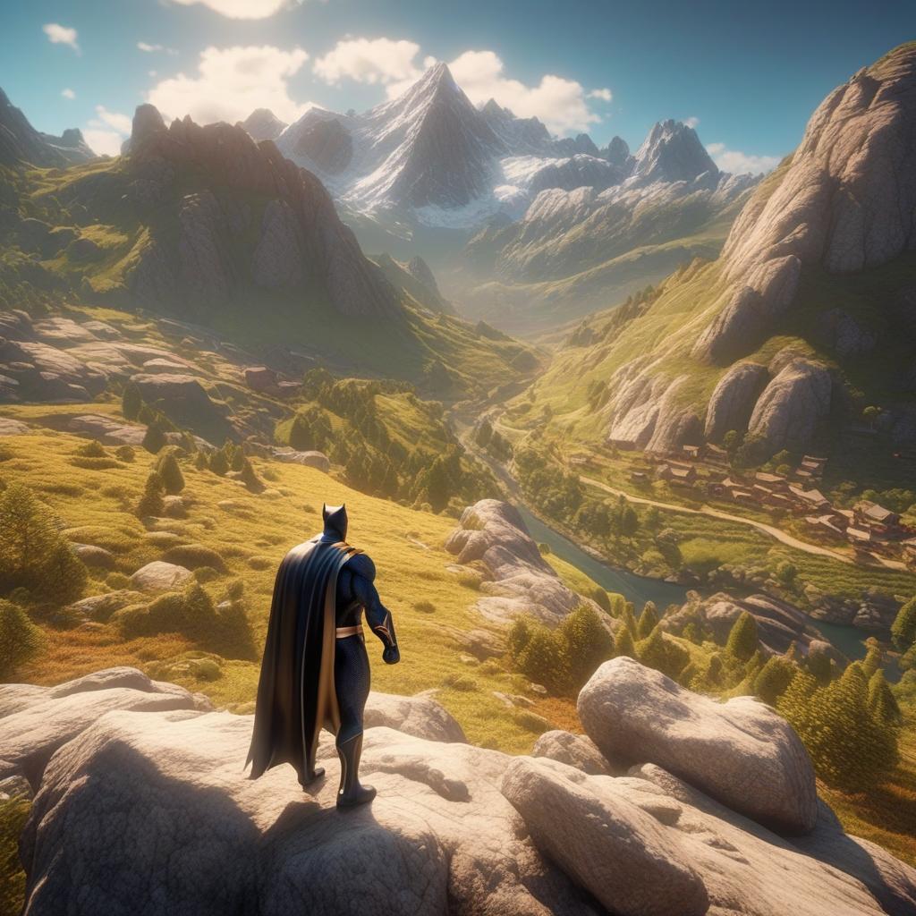  a superhero in a mountain range cartoon, highly detailed, cinematic lighting, stunningly beautiful, intricate, sharp focus, centred image composition, professionally colour graded, bright soft diffused light, hdr 4k, 8k