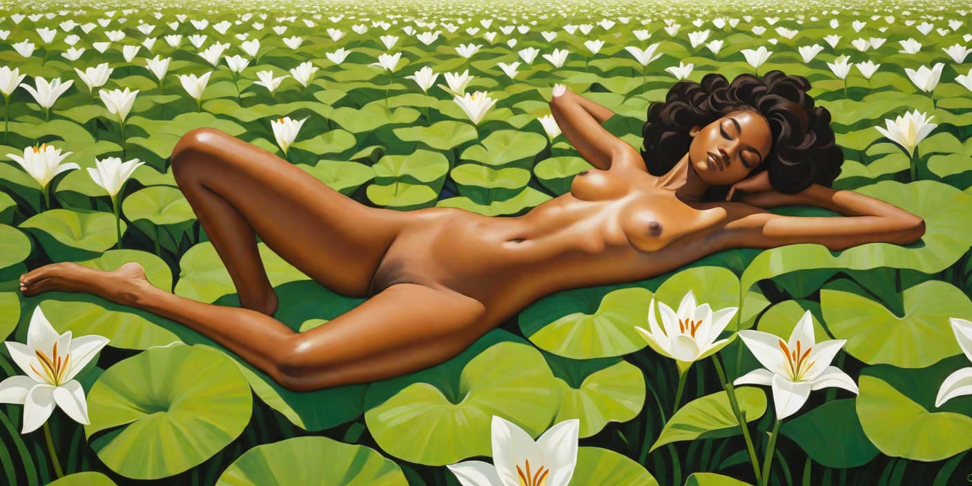  minimalism, painting of a beautiful black woman. she lays in a field of lilies. naked. she has brown legs. she has brown feet. she is in a shakti pose, abstract, simple geometic shapes, hard edges, sleek contours, minimalism