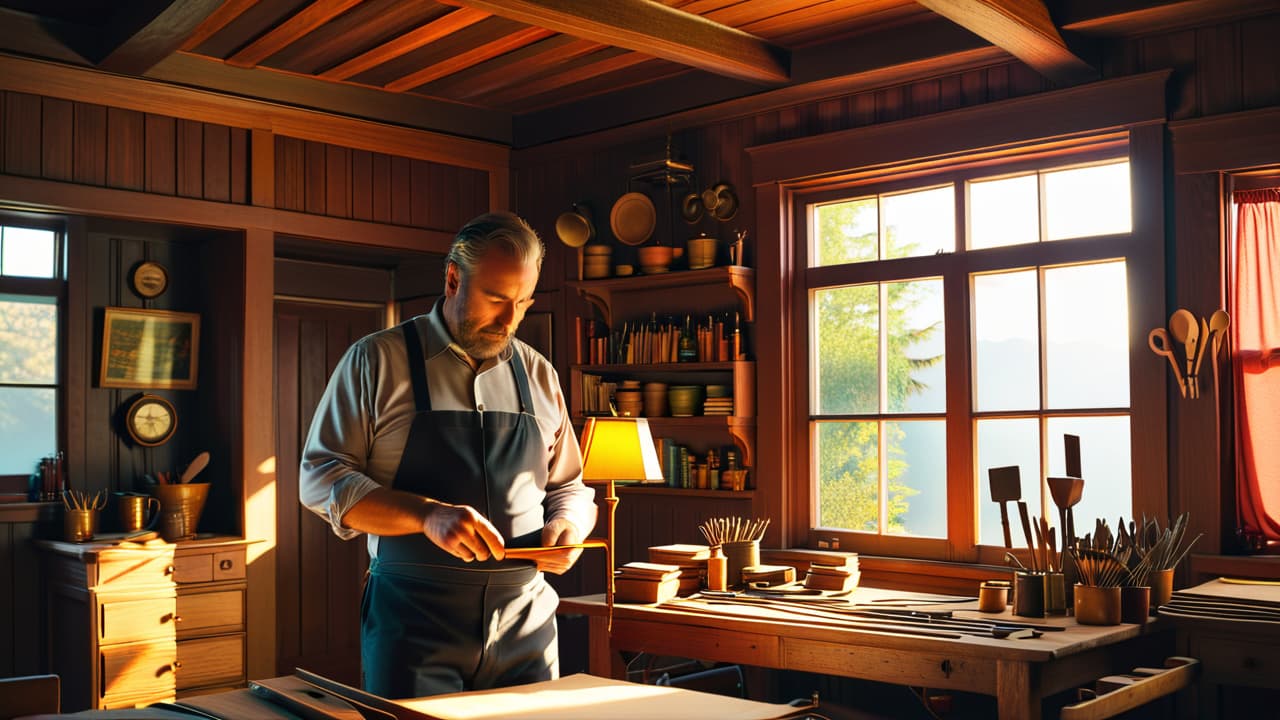  a serene woodworking workshop, sunlight streaming through a window, highlighting a skilled artisan carefully measuring and marking a beautifully crafted wooden frame, surrounded by tools and rich, varied wood textures. hyperrealistic, full body, detailed clothing, highly detailed, cinematic lighting, stunningly beautiful, intricate, sharp focus, f/1. 8, 85mm, (centered image composition), (professionally color graded), ((bright soft diffused light)), volumetric fog, trending on instagram, trending on tumblr, HDR 4K, 8K