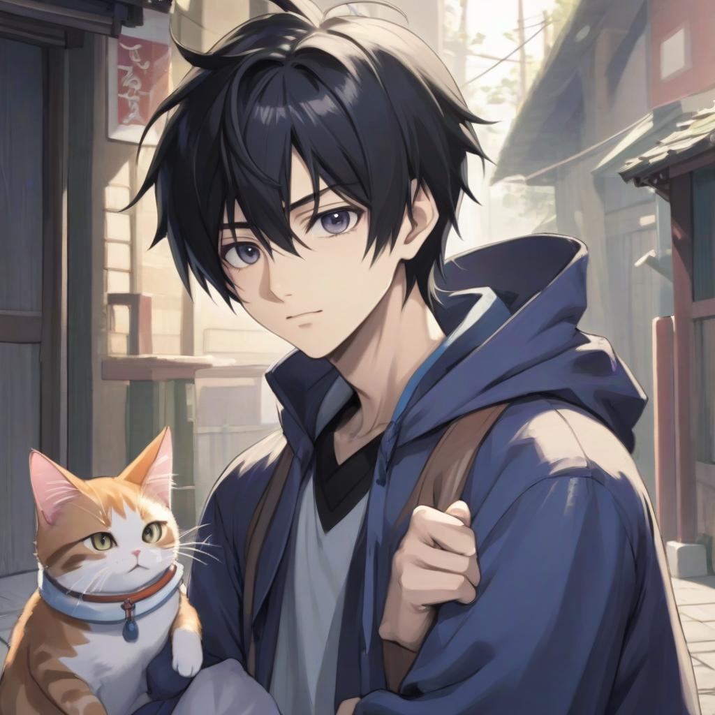  the protagonist, kaito hanada, an ordinary japanese student with black hair, wonders with asking a hermit's cat where he is