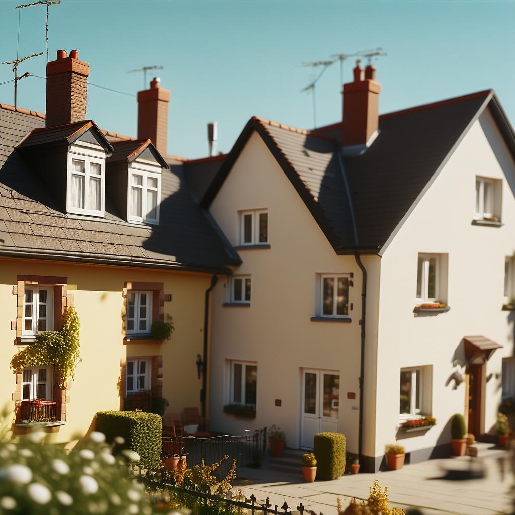  cinematic photo make an image without people. photos of houses on a sunny day . 35mm photograph, film, bokeh, professional, 4k, highly detailed