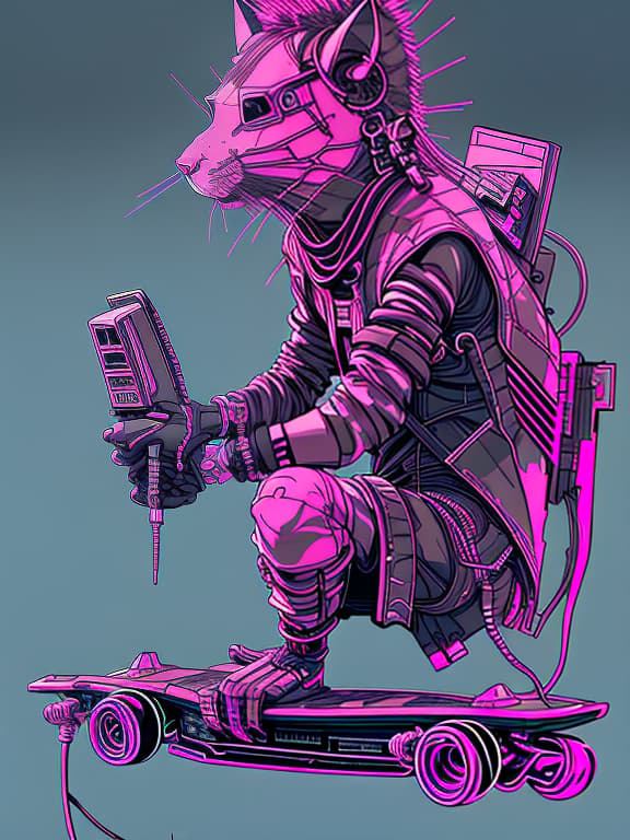 nvinkpunk gothic sphinx rat mutant with mohawk and piercing on a skateboard. cyberpunk.