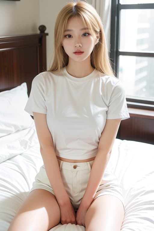  a 20 korean woman with a pretty face, a good figure, white skin, big s, long blonde hair, wearing a tight short sleeved shirt, wearing tight shorts, sitting in a bedroom, looking at the camera., advertising photo,high quality, good proportion, masterpiece , the image is captured with an 8k camera