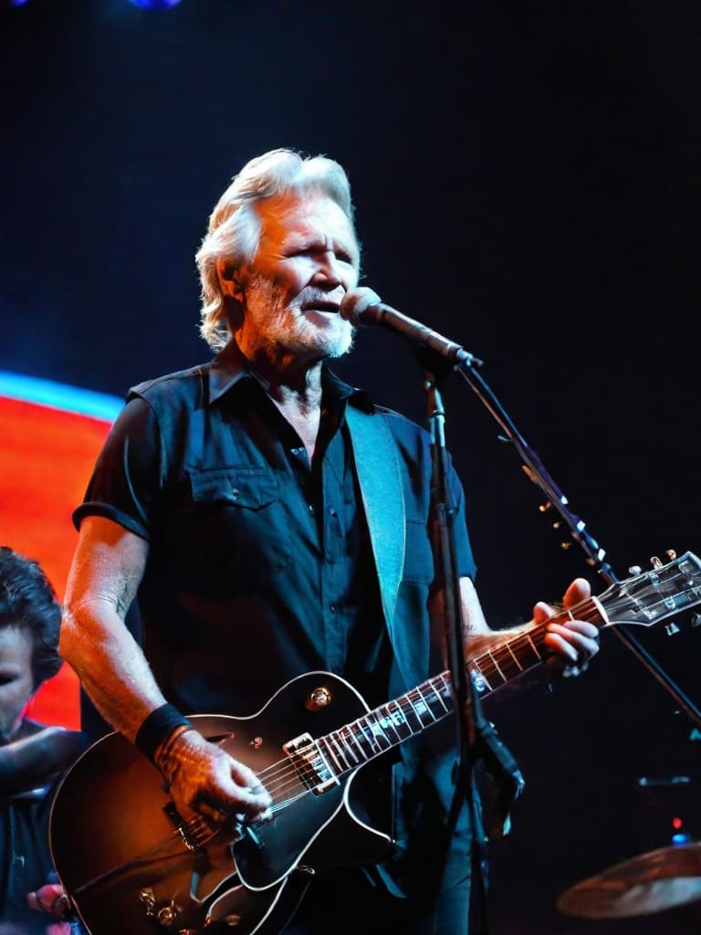  Country singer, Kris Kristofferson, on stage, medium shot, upper body, spotlight, long exposure lighting, street art style spray paint, glamour lighting