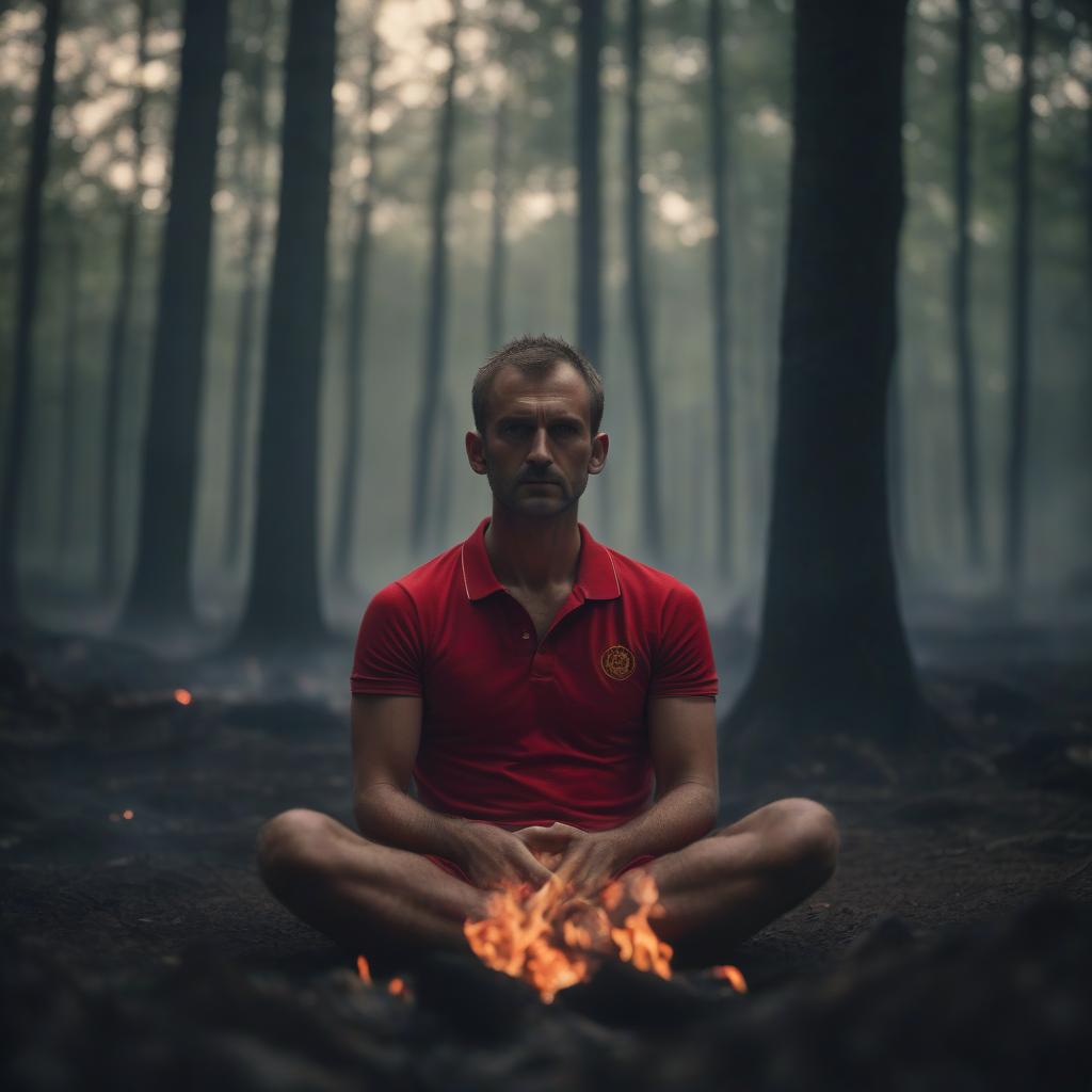  cinematic film still a man in polo, red polo, a fire burns on a man's head, sits in a lotus position, close up, against a background of a dark forest . shallow depth of field, vignette, highly detailed, high budget, bokeh, cinemascope, moody, epic, gorgeous, film grain, grainy