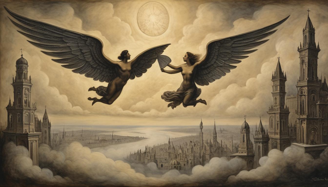  on parchment, surrealism++, figure with wings soaring above dark clouds, city below obscured by shadows, triumphant, liberated, illuminated in glowing light(mysterious, provocative, symbolic)++