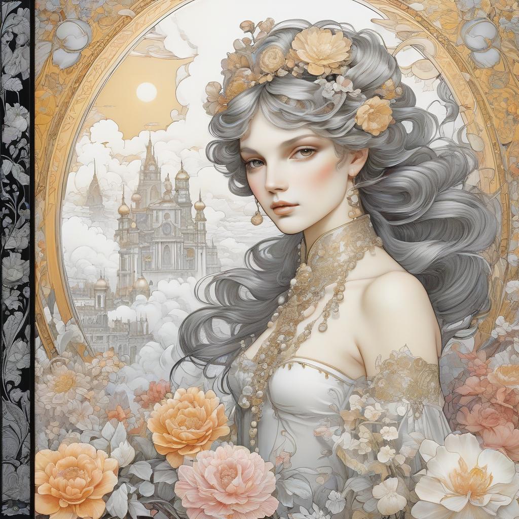  fog city. golden city. a large palace surrounded by clouds. coloring book. flowers. two colors: black, white. pearls. some multicolored porridge. luminous pearls. alfonso mucha, honoré fargonard, edward gow, andrew jones.