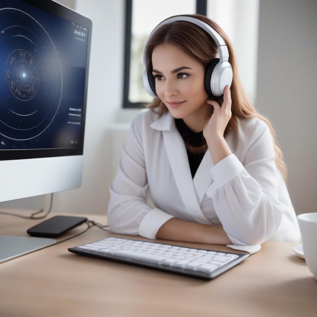  Astrology lesson online on a computer monitor. Negotiations via Skype. Headphones and microphone on the girl.The astrolabe. Joy.