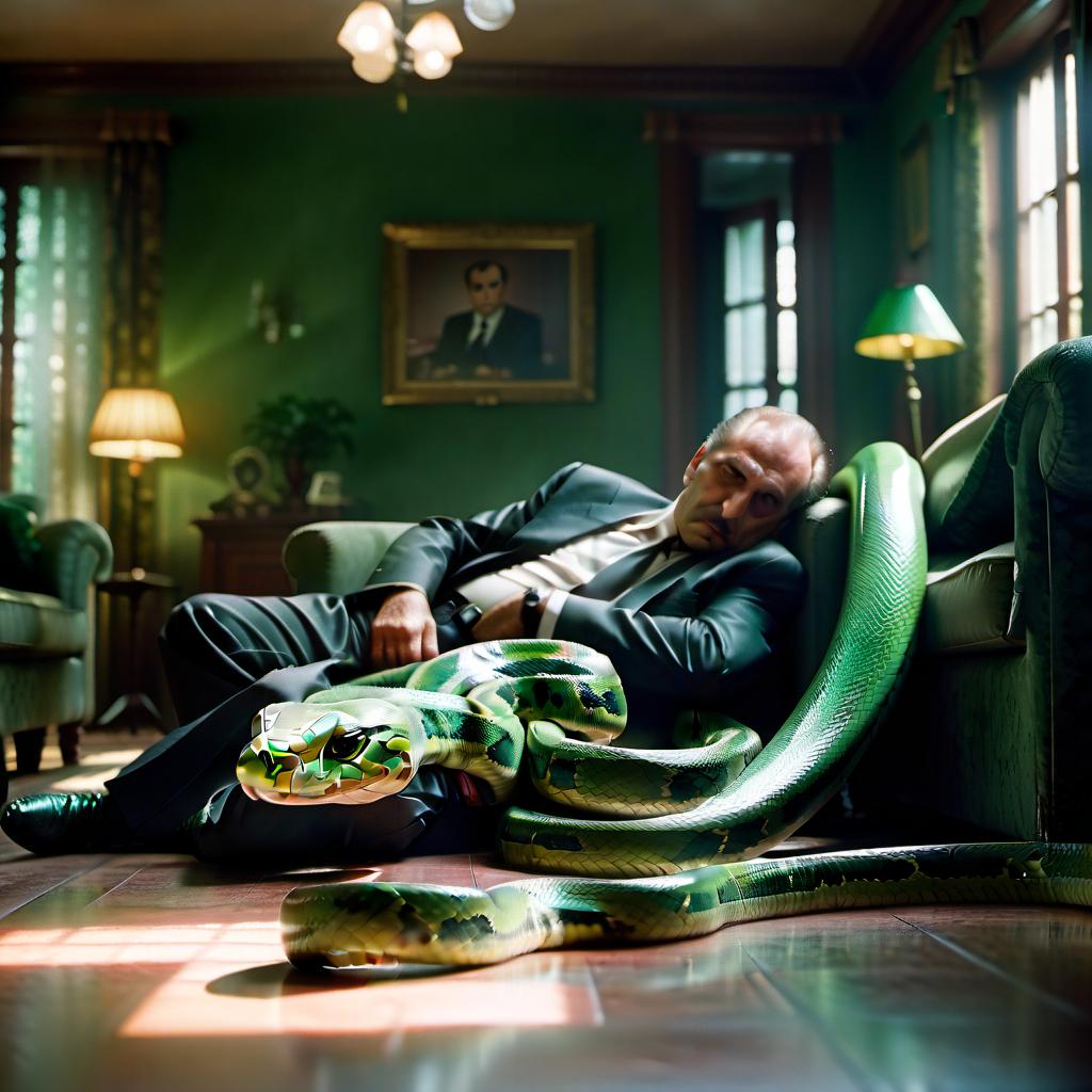  cinematic photo the spacious house at the end of which the mafia guy sleeps sitting and whose body is wrapped around by a green snake . 35mm photograph, film, bokeh, professional, 4k, highly detailed, film photography style