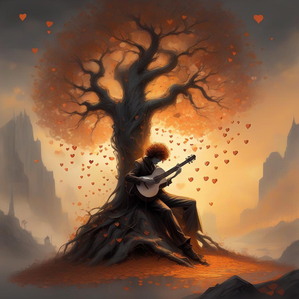  concept art ink painting, by alexander jansson, charcoal, silhouette of tree of hearts depicted on the hill against the gray::orange hue sky. tree covered with leaves in the shape of small glowing hearts. a jester's elegant figure plays a musical instrument. she is sitting/standing leaning against the tree. color palette autumn, romantic, beautiful, bright, cinematic color, unusual angle, complex detail, best composition, artistic, innovative use of light and shadow, modern. . digital artwork, illustrative, painterly, matte painting, highly detailed