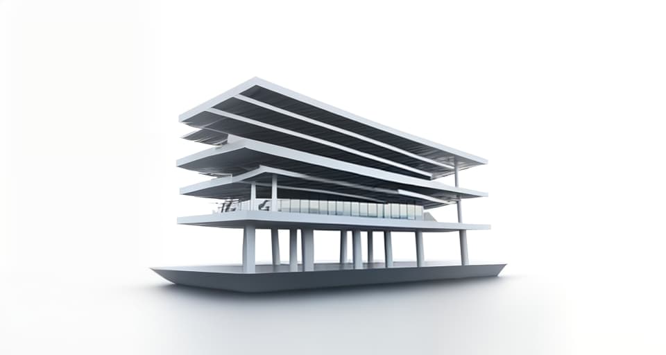 mdjrny-v4 style architecture, high quality, exterior perspective, 3 story steel framed office building, building is floating at sea, frank o'gehry, rain, rough sea, minimalist exterior