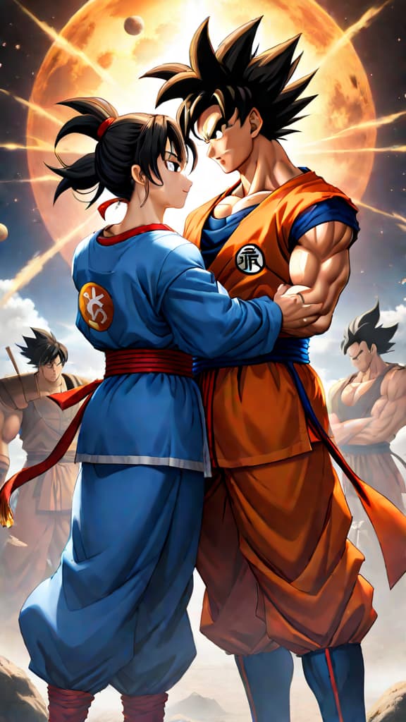  anime art: goku and z fighters embrace, knowing every moment could be their last, amidst a world without dragon balls. hyperrealistic, full body, detailed clothing, highly detailed, cinematic lighting, stunningly beautiful, intricate, sharp focus, f/1. 8, 85mm, (centered image composition), (professionally color graded), ((bright soft diffused light)), volumetric fog, trending on instagram, trending on tumblr, HDR 4K, 8K