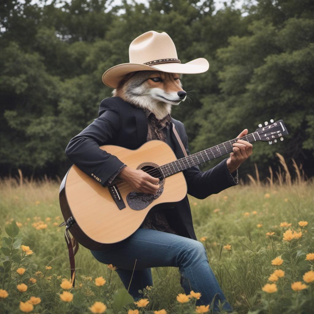  skinny coyote in a cowboy hat playing acoustic guitar in a field, profile image style