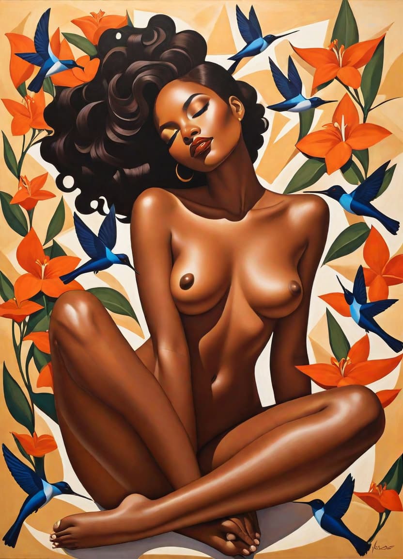  minimalism, painting of a beautiful black woman. she lays, surrounded by hummingbirds and trumpet flowers. naked. she has brown legs. she has brown feet. she is in a divine pose., abstract, simple geometic shapes, hard edges, sleek contours, minimalism