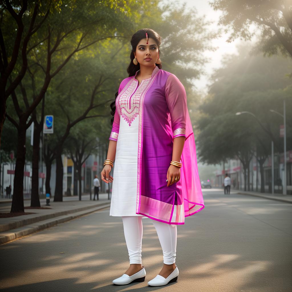  Indian plus -size woman wearing pink kurta and tights white leggings . hot and stylish., hyperrealistic, high quality, highly detailed, cinematic lighting, intricate, sharp focus, f/1. 8, 85mm, (centered image composition), (professionally color graded), ((bright soft diffused light)), volumetric fog, trending on instagram, HDR 4K, 8K