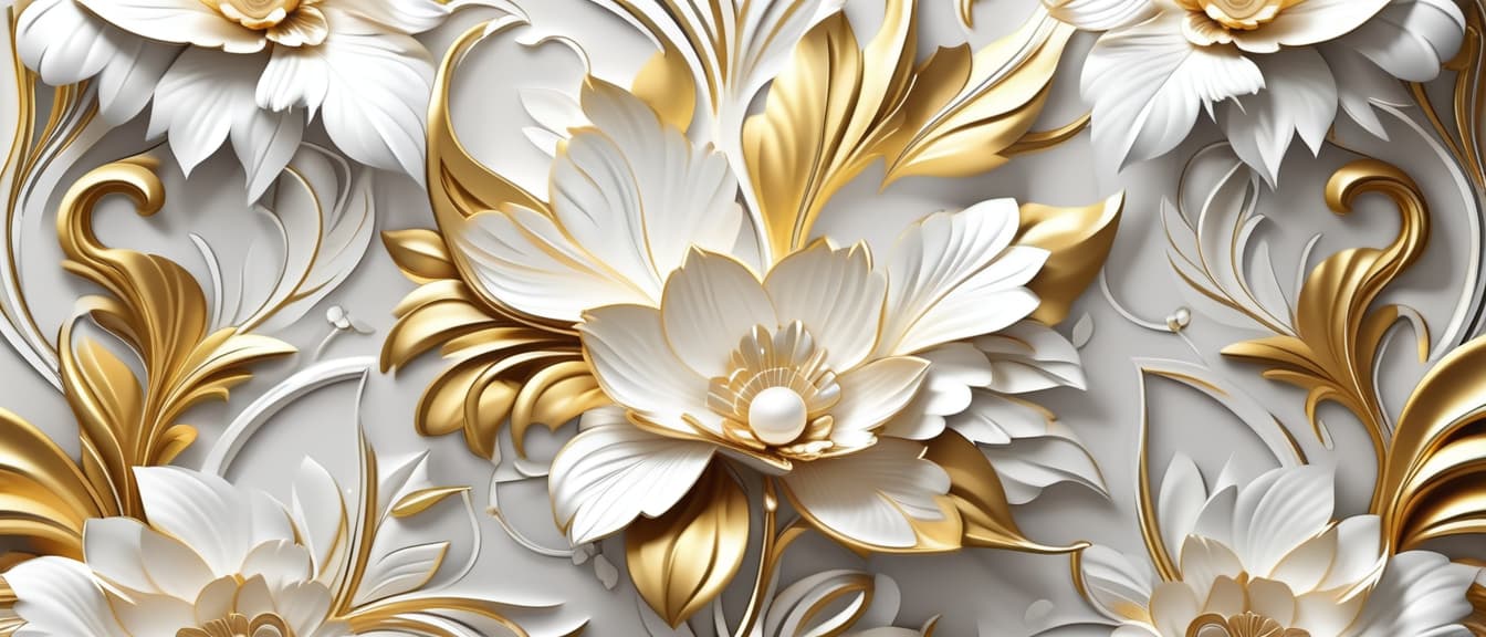  3d luxury floral white flower leaves and golden wall wallpaper.interior wall home decorative background.